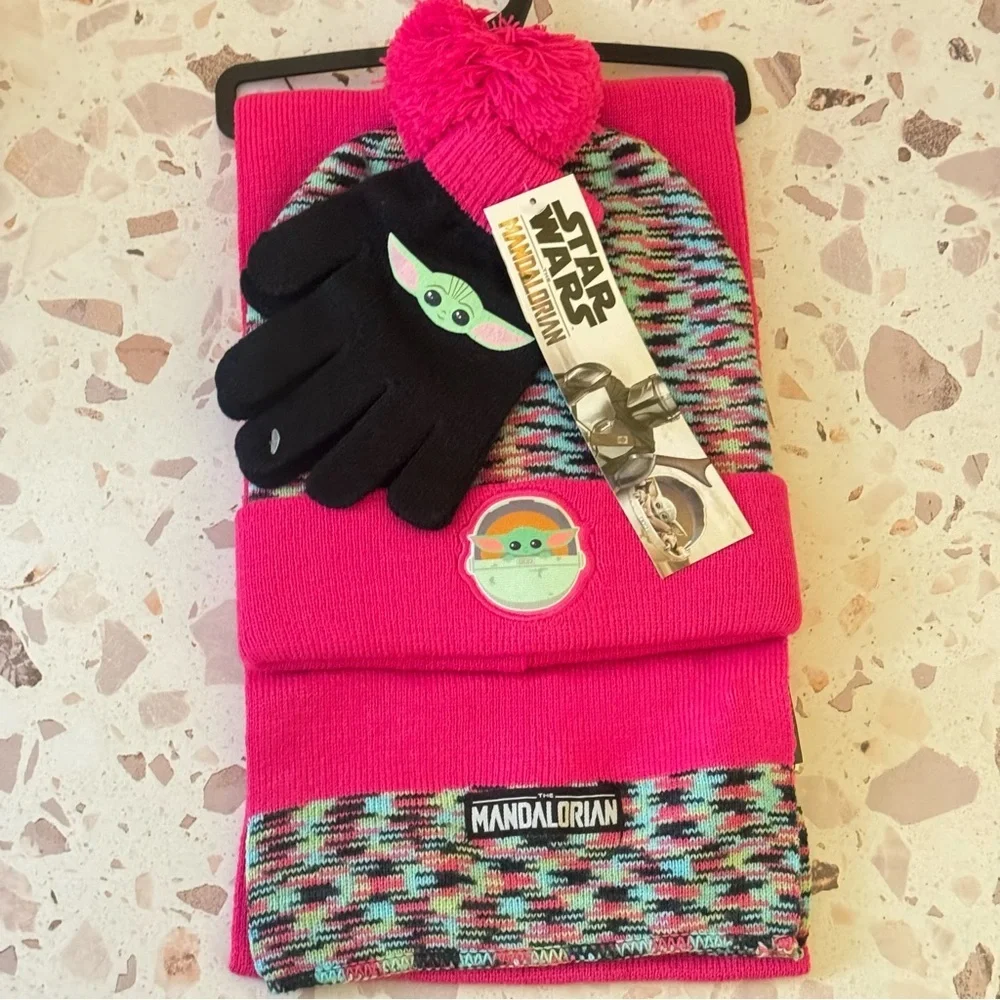 Star Wars Set New Girls The Mandalorian Grogu Baby‎ Yoda Hat Scarf Mittens Pink
